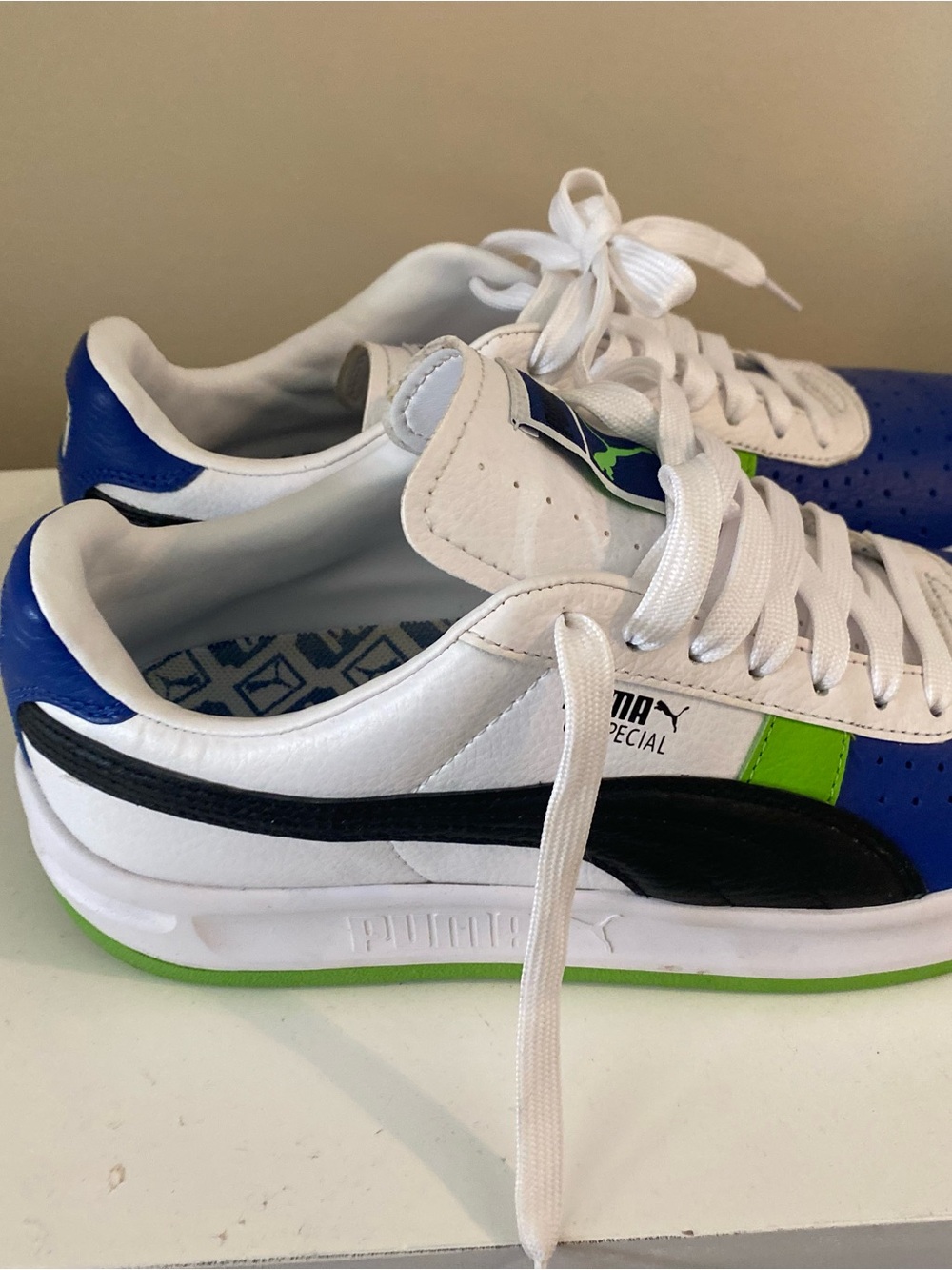 Puma White, Blue & Lime Green Court Sneakers